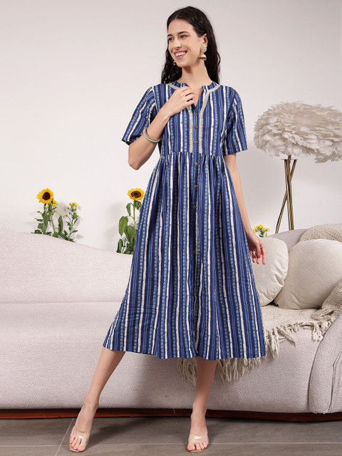 House Of Zelena Festive Cotton Maternity Zipless Feeding Dress with Lapel Metallic Lace