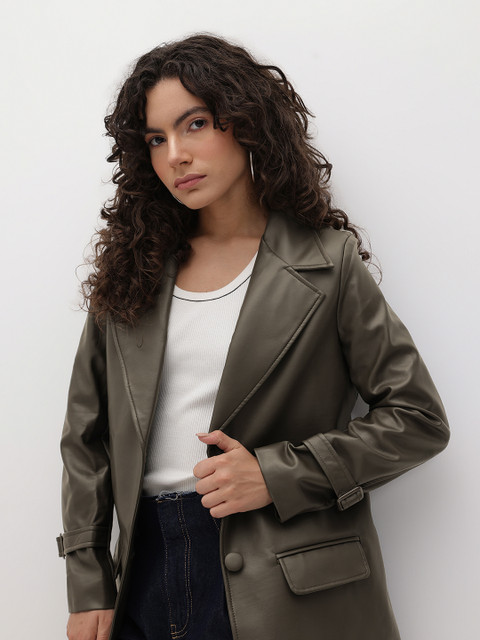 The Roadster Life Co. Faux Leather Trim Notched Lapel Collar Single-Breasted Overcoat