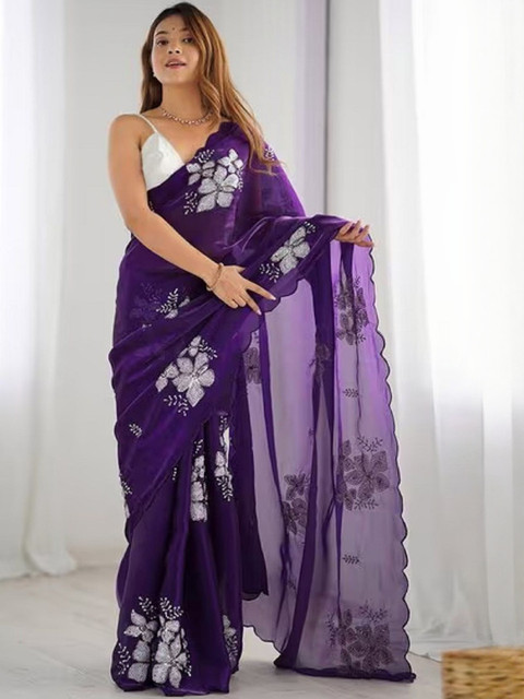 DWIJA FASHION Floral Sequinned Organza Saree