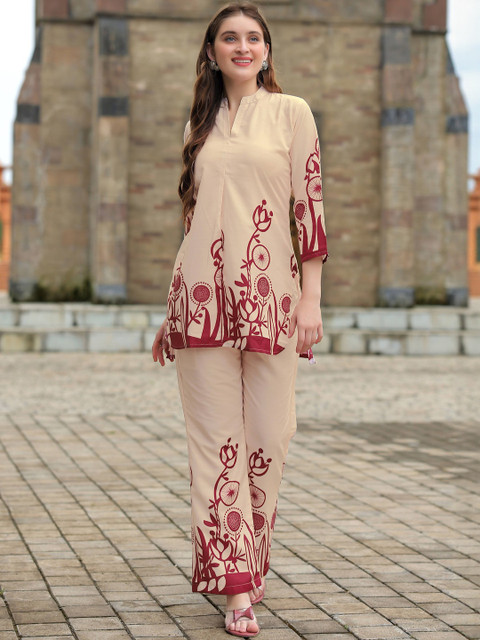 CORSICA Women Beige Viscose Rayon Printed Co-Ords