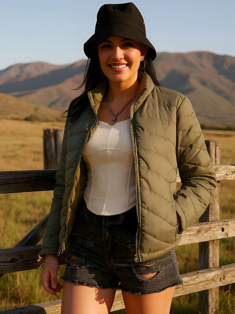 Campus Sutra Women Mock Collar Solid Lightweight Puffer Jacket