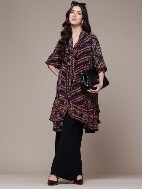 Ritu Kumar Geometric Print Tie-Up Neck Crepe Kaftan Longline Top