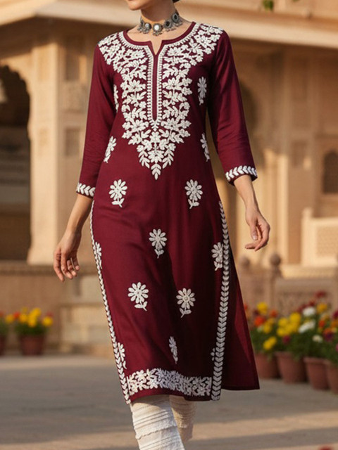 KALINI Floral Embroidered Notch Neck Chikankari Straight Kurta - Image 2