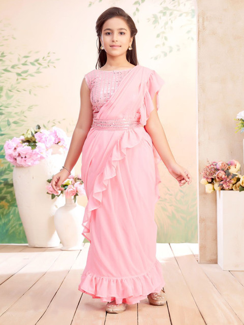 BAESD Girls Embellished Lehenga Saree With Attachable Dupatta