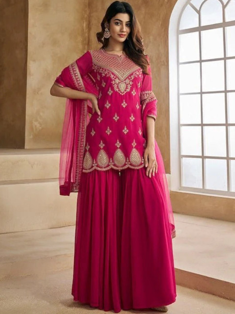 HERE&NOW Women Ethnic Motifs Embroidered Regular Thread Work Kurta with Sharara & With Dupatta