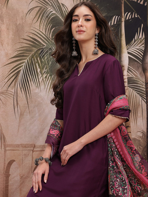 Sangria V-Neck Kurta with Trousers & Dupatta