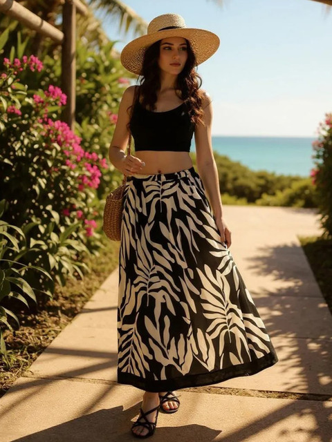 INUKA Palm Printed Flared Maxi Skirt