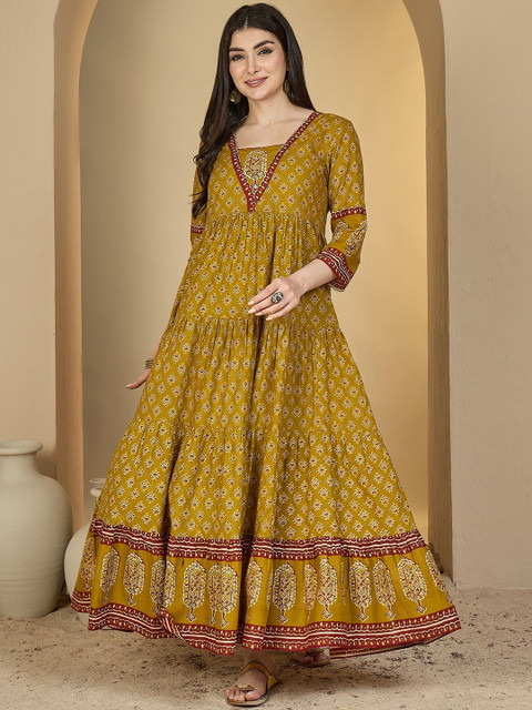 Sangria Women Mustard Cotton Ethnic Motifs Printed Block Print Anarkali Kurta - Image 5