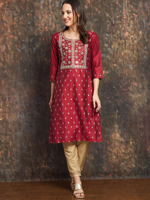 Melange by Lifestyle Women Ethnic Motifs Embroidered Round Neck Mirror Work Kurta