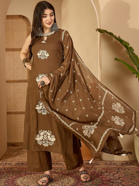 KIMAYRA Women Ethnic Motifs Embroidered Regular Thread Work Pure Cotton Kurta with Palazzos & With Dupatta