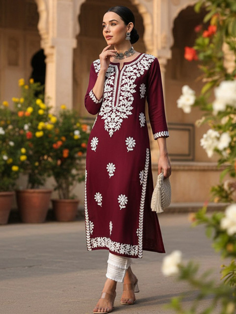 KALINI Floral Embroidered Notch Neck Chikankari Straight Kurta - Image 5
