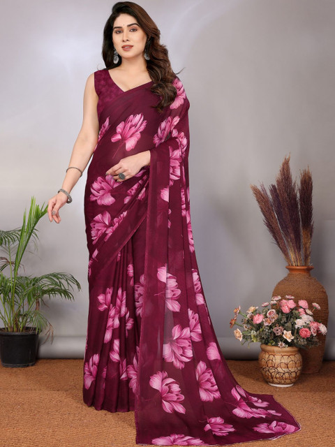 vj fashion Women Maroon Floral Printed Pure Georgette Sarees