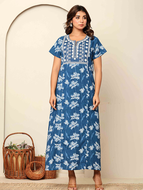 Nihsamah Women Blue Cotton Premium Printed Embroidered Maxi Nightdress