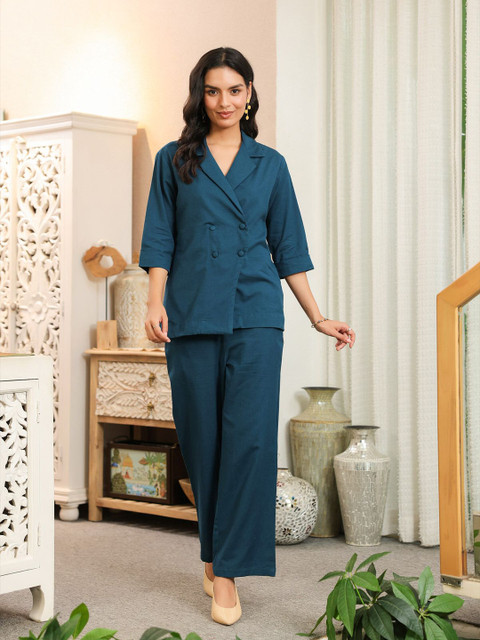 JISORA Notched Lapel Top With Trousers Co-Ords Set