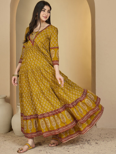 Sangria Women Mustard Cotton Ethnic Motifs Printed Block Print Anarkali Kurta - Image 3