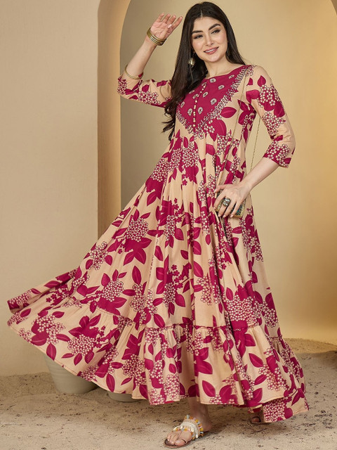 Sangria Women Magenta Cotton Embroidered Anarkali Kurtas