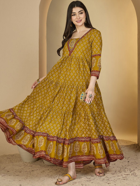 Sangria Women Mustard Cotton Ethnic Motifs Printed Block Print Anarkali Kurta