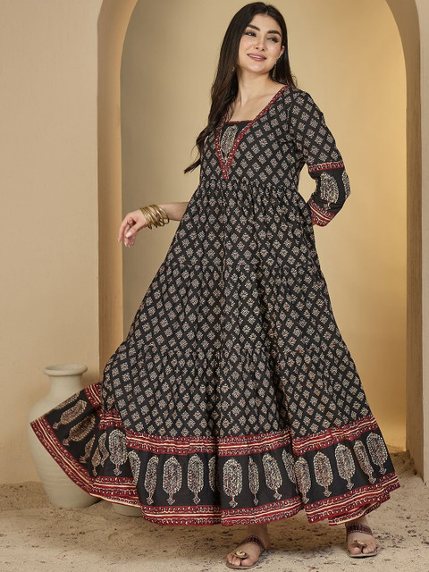 Sangria Women Black Cotton Printed Anarkali Kurtas