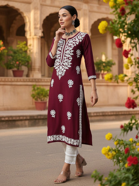 KALINI Floral Embroidered Notch Neck Chikankari Straight Kurta - Image 3
