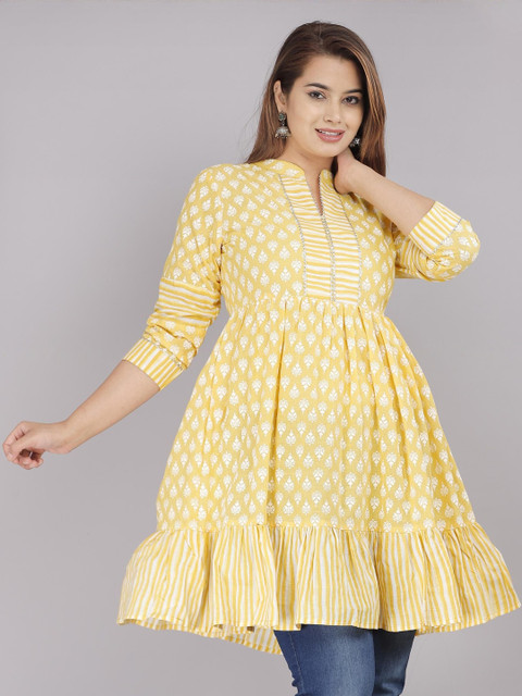 Jyoti Women Printed Mandarin Collar Fit & Flare Tiered Pure Cotton Regular Tunics