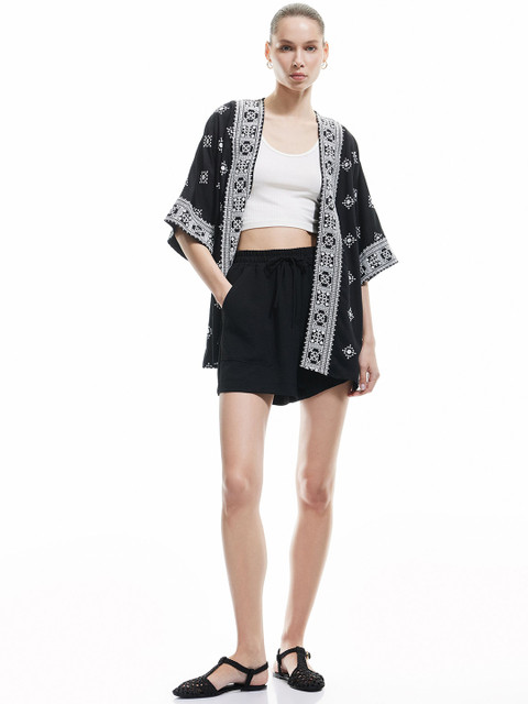 Koton Floral Printed Longline Open Front Shrug