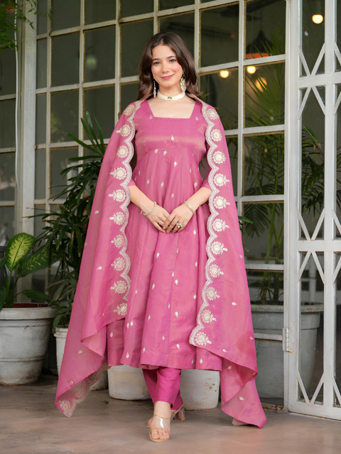 Pantos Ethnic Motifs Embroidered Chanderi Silk Anarkali Kurta With Trousers & Dupatta