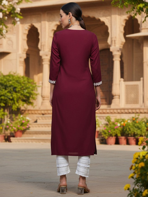 KALINI Floral Embroidered Notch Neck Chikankari Straight Kurta - Image 4