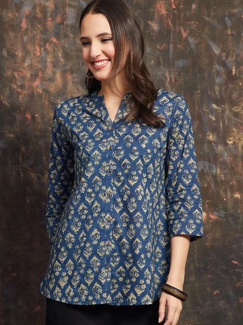 Melange by Lifestyle Floral Printed Mandarin Collar Pure Cotton Straight Kurti