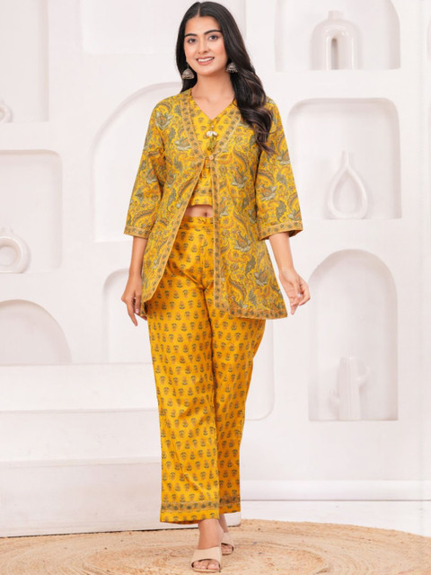 KALINI Women Ethnic Motif Printed Crop Top & Trouser Set With Shurg