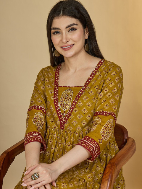 Sangria Women Mustard Cotton Ethnic Motifs Printed Block Print Anarkali Kurta - Image 2
