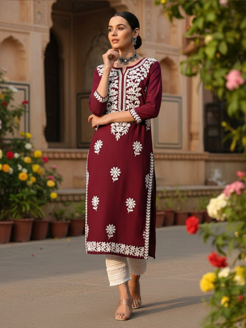 KALINI Floral Embroidered Notch Neck Chikankari Straight Kurta - Image 6