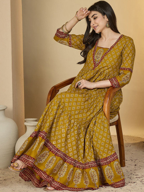 Sangria Women Mustard Cotton Ethnic Motifs Printed Block Print Anarkali Kurta - Image 6