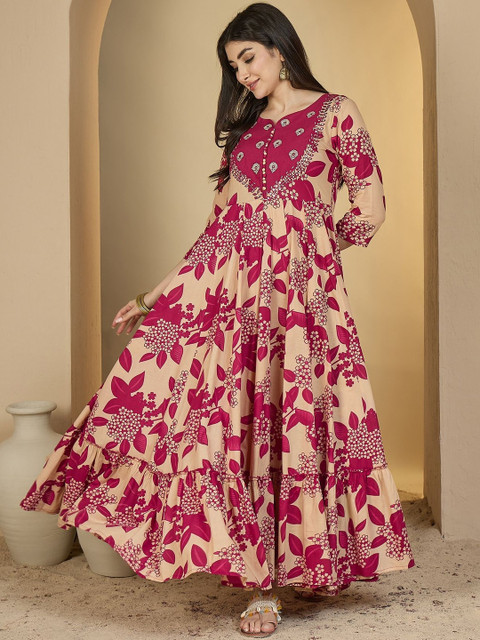 Sangria Women Magenta Cotton Embroidered Anarkali Kurtas - Image 5