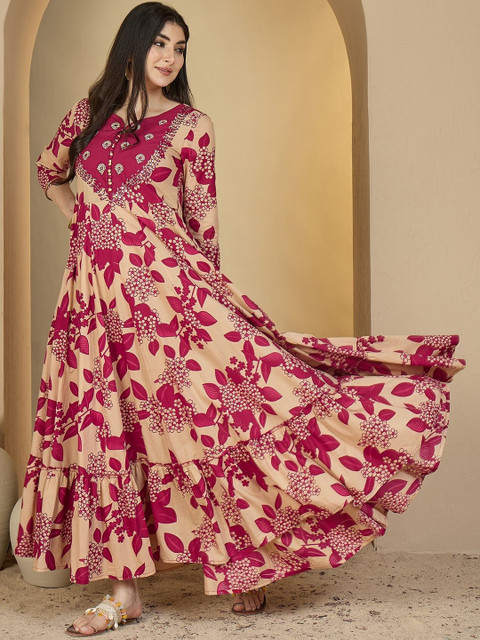Sangria Women Magenta Cotton Embroidered Anarkali Kurtas - Image 3