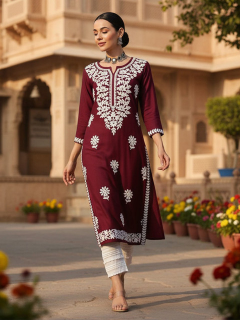 KALINI Floral Embroidered Notch Neck Chikankari Straight Kurta