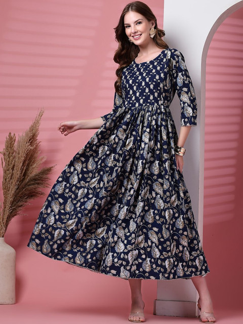 Pristyle Women Navy Blue Floral Printed Round Neck Viscose Rayon Maternity Kurta