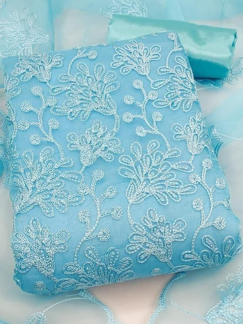 Moda Rapido Women Blue Embroidered Organza Unstitched Dress Material