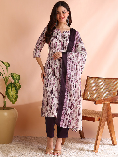 HIVA TRENDZ Floral Printed Notch Neck Straight Kurta With Trousers & Dupatta