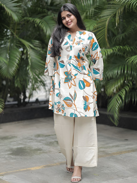 indian rani Floral Printed Mandarin Collar Straight Kurti With Palazzos