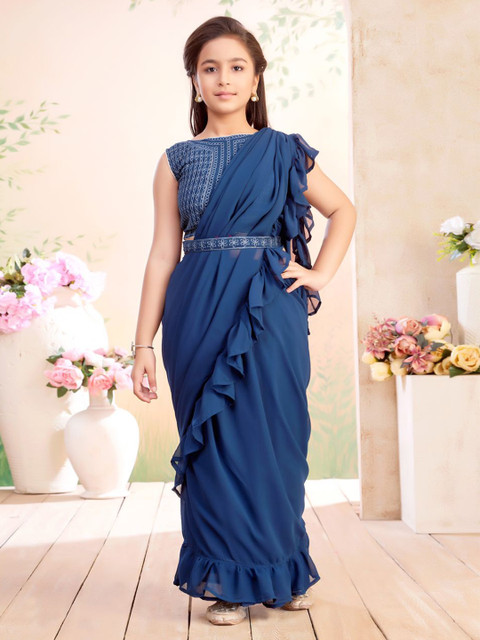 BAESD Girls Solid Belted Lehenga Saree With Attachable Dupatta