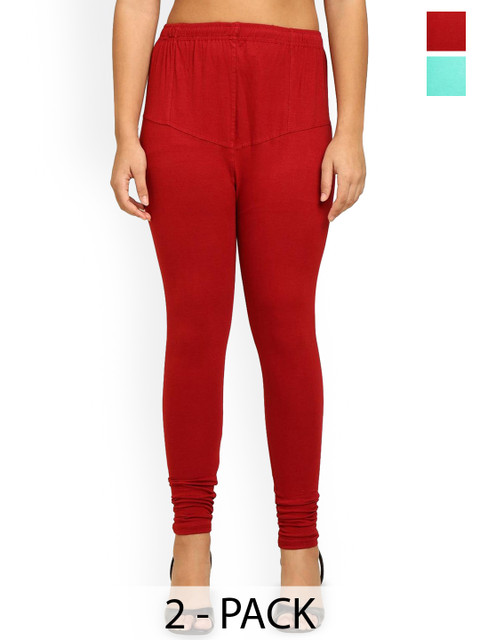 URBAN KANYA Women Pack Of 2 Cotton Mid-Rise Churidar-Length Leggings