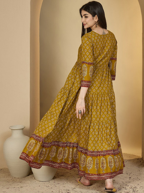 Sangria Women Mustard Cotton Ethnic Motifs Printed Block Print Anarkali Kurta - Image 4
