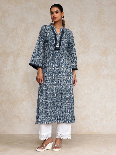 Varanga Floral Printed Cotton Mandarin Collar Straight Kurta
