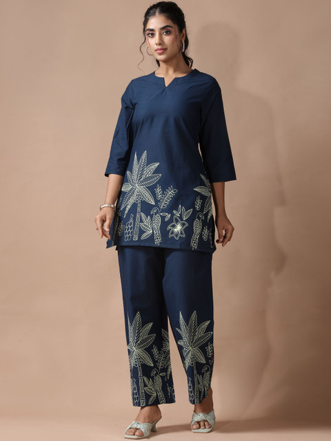 Anouk Navy Blue Embroidered Cotton Tunic with Trousers