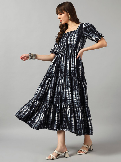 Raiyani Enterprise Tie and Dye Dyed Puff Sleeve Square Neck Tiered Fit & Flare Midi Dress