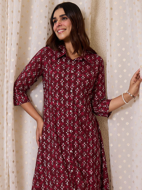 Indo Era Printed Pure Cotton Shirt Collar Neck Tunic With Trousers