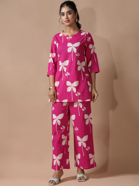 Anouk Pink Floral Printed Cotton Tunic with Trousers