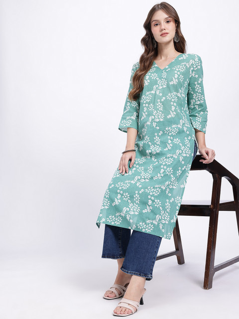 Anouk Rustic Floral Printed V-Neck Pure Cotton Straight Kurta