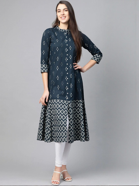 KALINI Women Blue Cotton Printed A-Line Kurtas