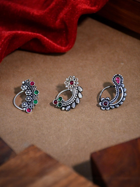 NAMAN ARTS Silver-Plated Artificial Stones Studded Oxidised Stud Nosepin